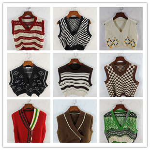 古着秋冬复古韩版宽松修身纯色图案短中长款秋冬毛衣外套马甲女