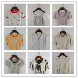 勾花针织冰丝打底开衫 古着韩版 夏秋季 短款 修身