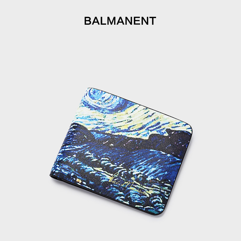 男士钱包个性设计款梵高油画风头层牛皮材质横款皮夹真皮礼盒装