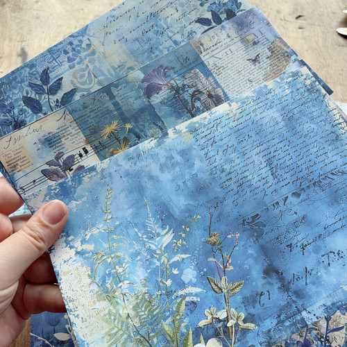 蓝色植物背景纸junk journal艺术垃圾杂志手账素材装饰纸背景纸