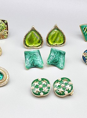 中古港风古董Vintage复古时髦夸张祖母绿色无耳洞耳夹爱心几何