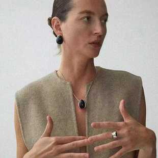 法式黑耀石大小蛋形水滴黑耀石小众设计高级感时尚百搭简约耳环