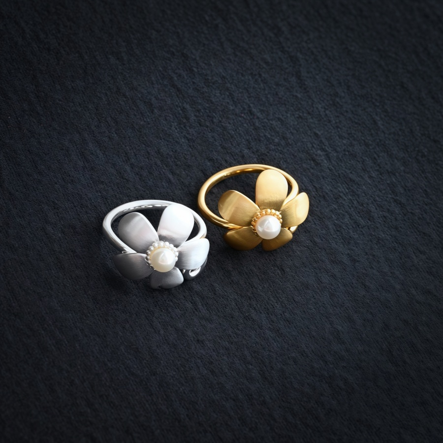 小众设计金银色拉丝工艺花朵戒指耳环女轻奢高级感气质百搭食指戒