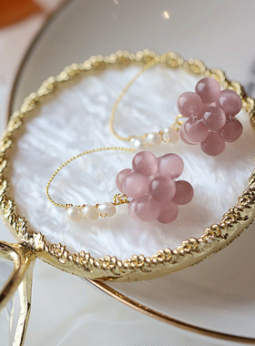 僵硬猫 猫眼石珍珠葡萄串优雅精致法式简约耳钩复古温柔紫色耳环