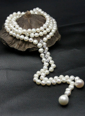 韩国进口锆石毛衣链天然淡水珍珠