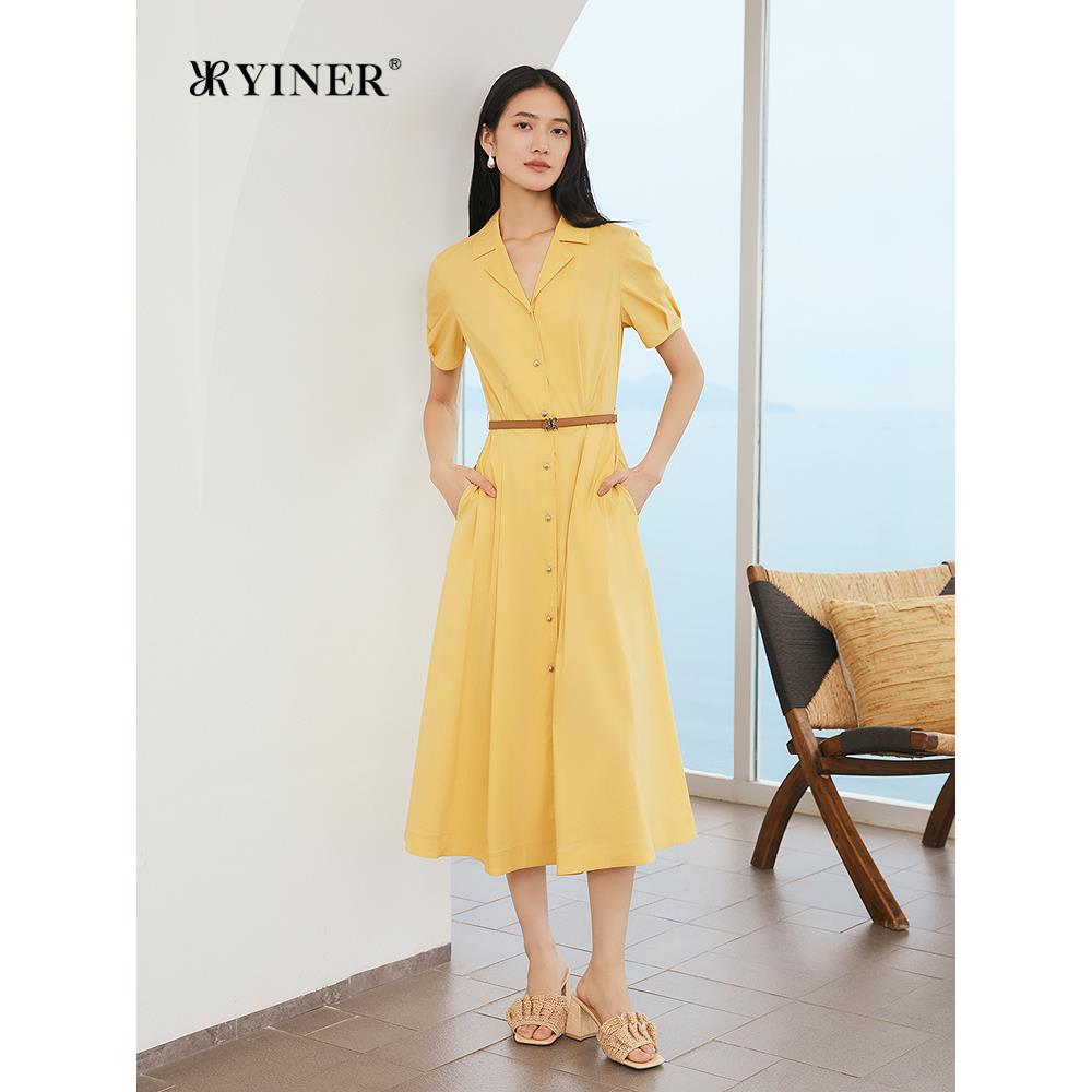 YINER专选2025夏季新款复古小翻领罗马假日衬衫优雅连衣裙