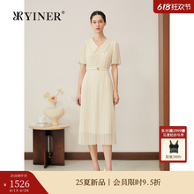 YINER专选2025夏季新款法式刺绣蕾丝V领压褶H型轻薄连衣裙