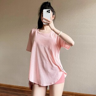 健身短袖t恤上衣女宽松运动罩衫长款夏季速干跑步瑜伽服套装薄款