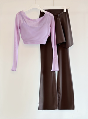 C.CYA长袖女网纱露背一体式胸垫假两件屁帘可拆卸微喇裤瑜伽套装