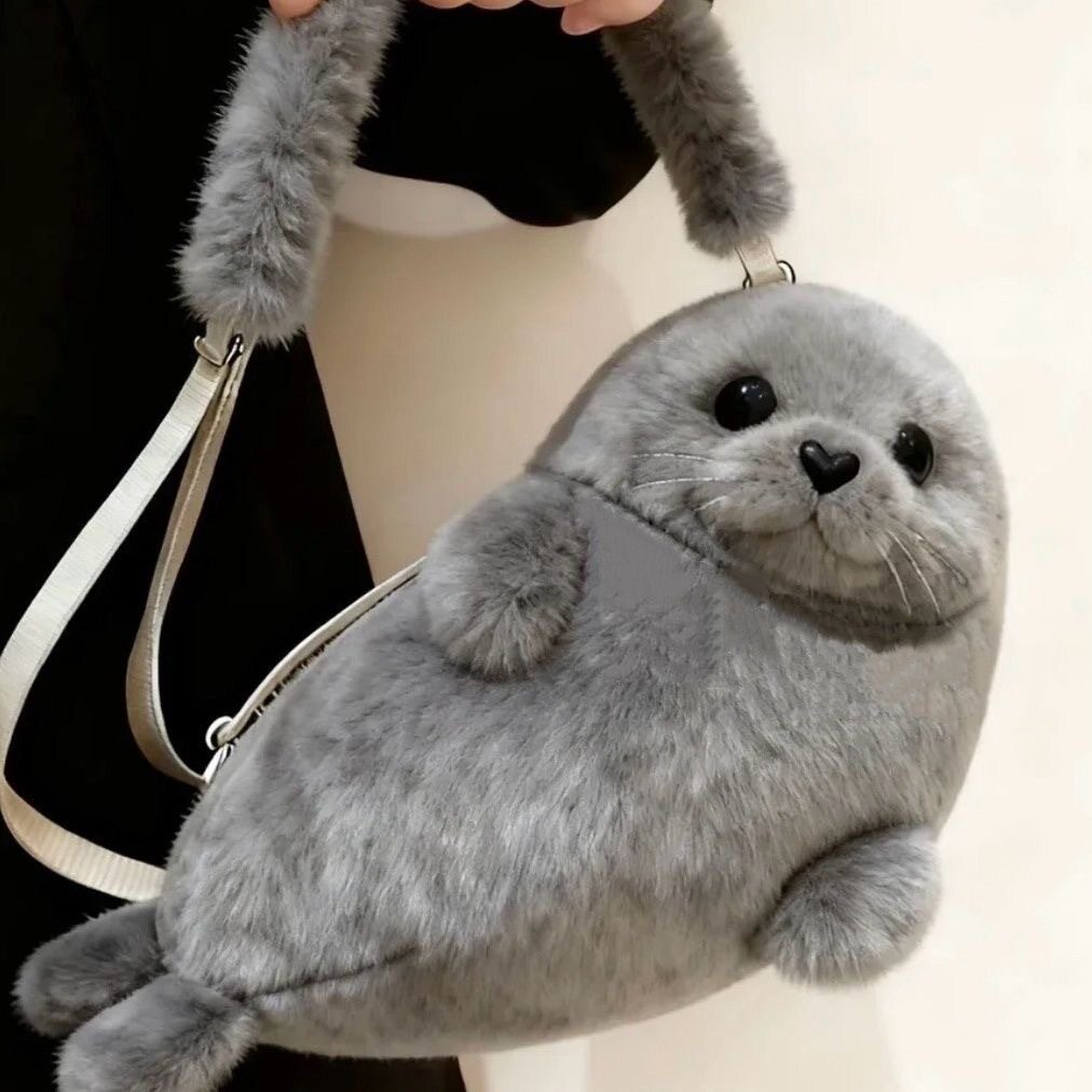 SENSAKIN小众百搭包女海豹毛绒时尚可爱儿童斜挎包通勤单肩包包