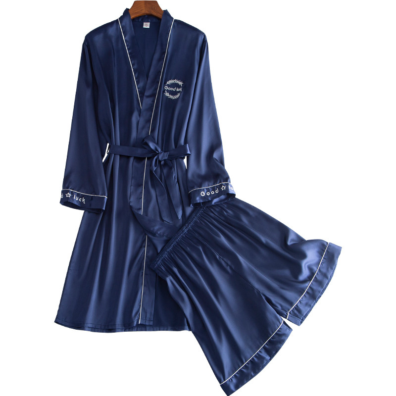 MENS DRESSING GOWN SUMMER ICE SILK SHORTS THIN BATHROBE MIDI LENGTH LOOSE PLUS SIZE FAUX SILK PAJAMA SET
