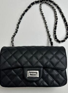 黑色菱格链条女包鱼子酱头层牛皮小号CF包方扣小香风时尚轻奢包包