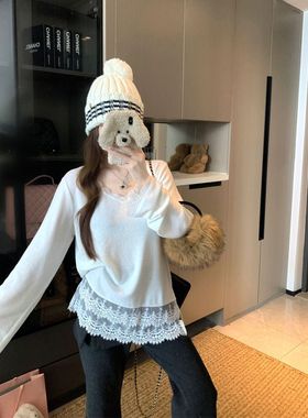 白色打底衫女冬内搭高级感可外穿中长款德绒特别漂亮蕾丝长袖上衣