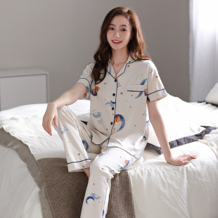 卡通星月小熊纯棉家居服 睡衣女夏季 两件套 长裤 宽松可外穿 短袖