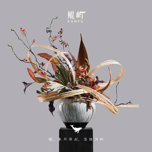 别墅展厅会所软装 酒店大堂桌花绿植盆景摆件 仿真花艺 新中式 鲲屿