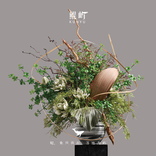 酒店餐厅软装 鲲屿 新中式 白羡青山 桌花 大型圆桌花仿真花摆件