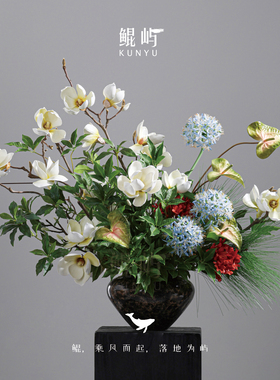 鲲屿 新中式高端客厅仿真花【蓝星白韵】酒店样板间花艺软装饰品