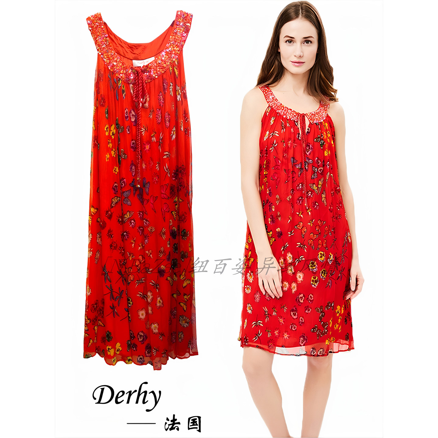 Derhy 法式夏季无袖系带印度纱印花连衣裙