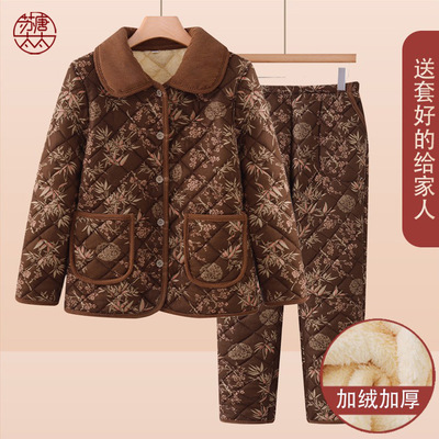 妈妈冬装棉衣棉裤套装女奶奶加绒加厚家居服棉袄老太夹棉保暖睡衣