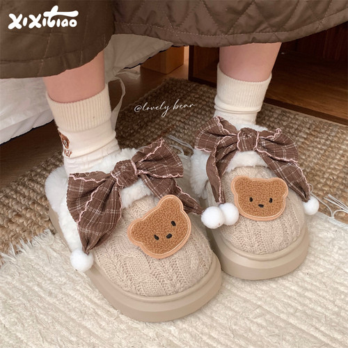 细细条网红蝴蝶结小熊棉拖鞋