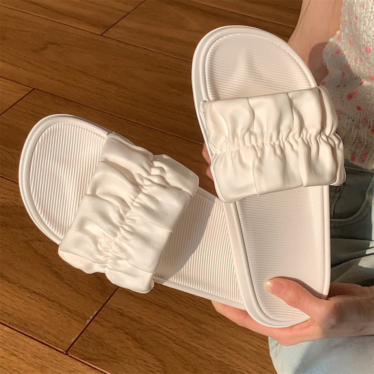 细细条 时尚居家浴室防滑凉拖鞋女夏韩版仙女风简约平底褶皱拖鞋,居家布艺,居家凉拖/凉鞋,淘宝优惠券,粉丝福利购,淘宝优惠卷