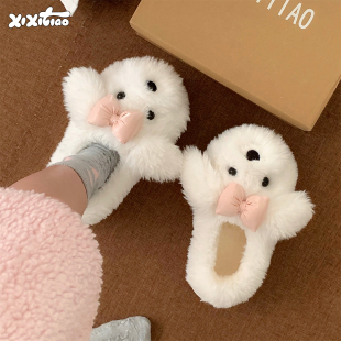 新款 细细条 可爱小狗居家月子鞋 女2025冬季 ins 学生加绒包跟棉拖鞋