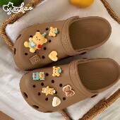 男女 可爱黄油色小熊夏拿铁色洞洞鞋 细细条 eva软底足弓包头沙滩鞋