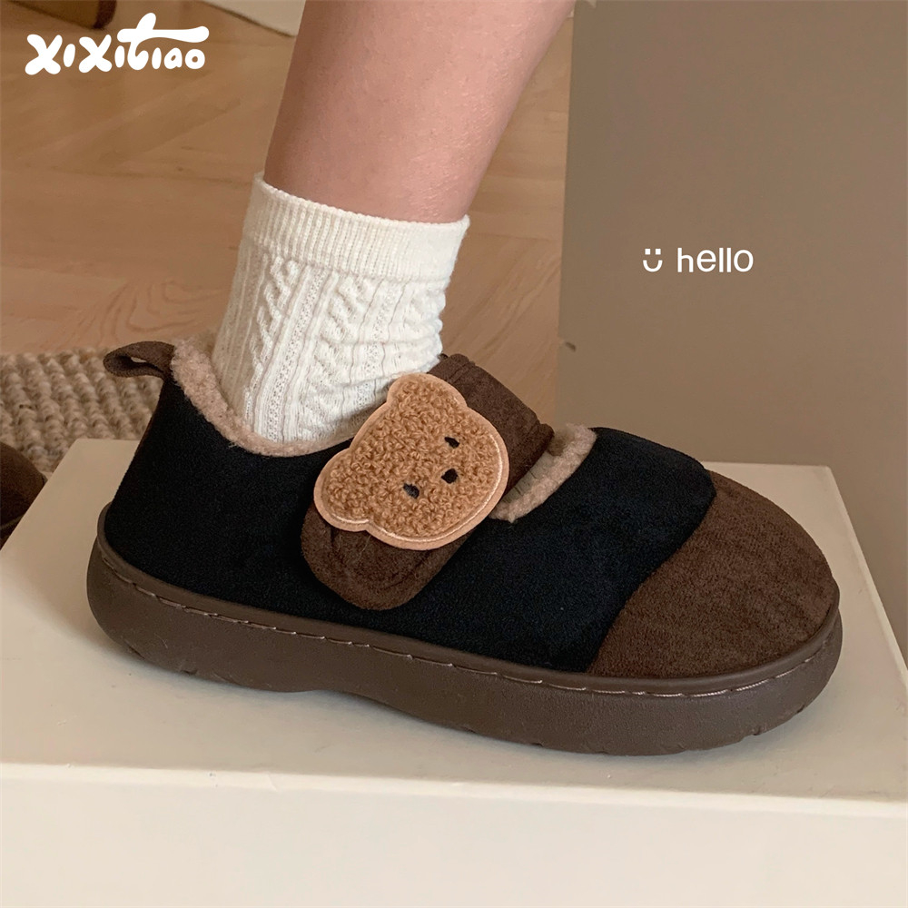 细细条ins可爱小熊魔术贴棉鞋