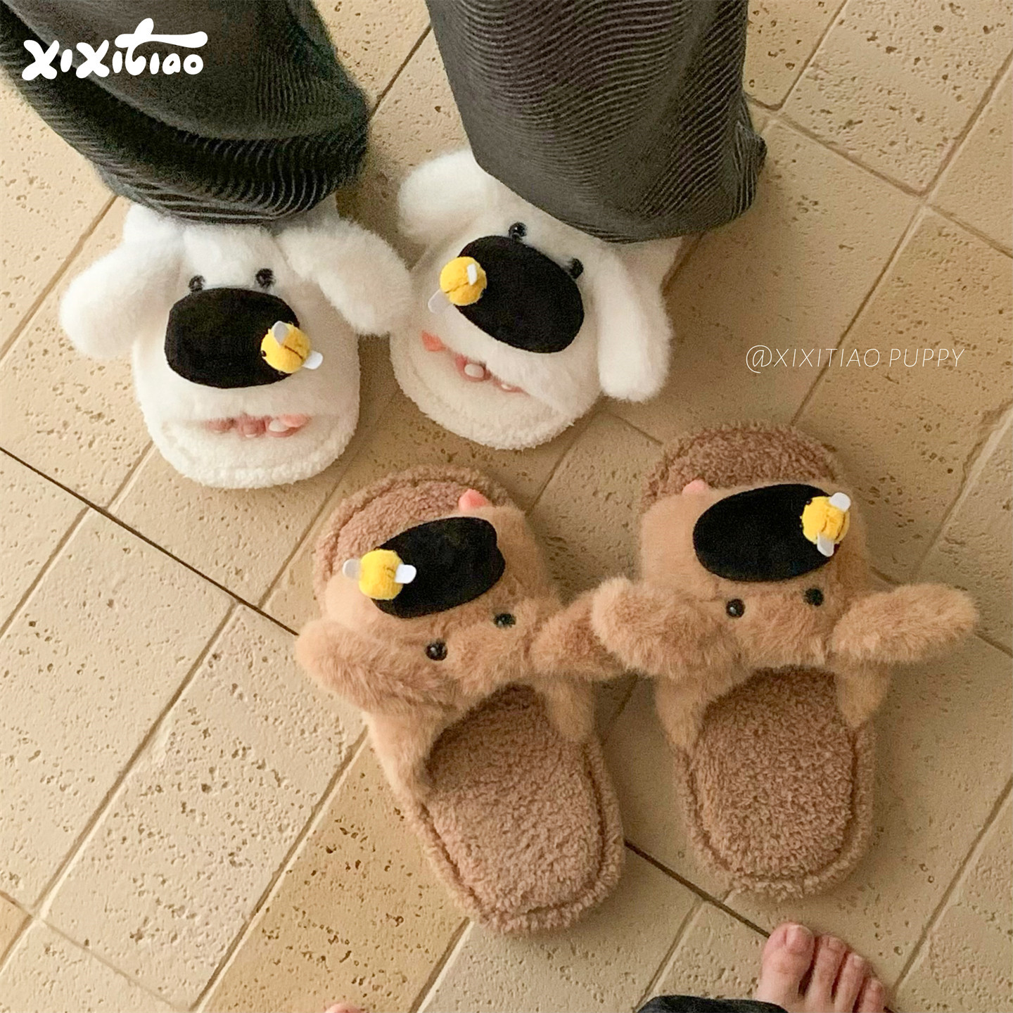 细细条 卡通一字毛毛拖鞋男女被蜜蜂蛰的大鼻狗狗情侣秋冬棉拖鞋,居家布艺,居家棉拖/棉鞋,淘宝优惠券,粉丝福利购,淘宝优惠卷