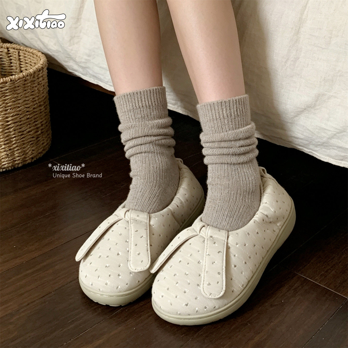 细细条 兔耳朵月子鞋女防滑舒适居家四季秋冬日系碎花包跟棉拖鞋