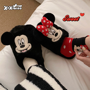 男女休闲居家秋冬情侣毛毛鞋 细细条 迪士尼米奇蝴蝶结米妮棉拖鞋
