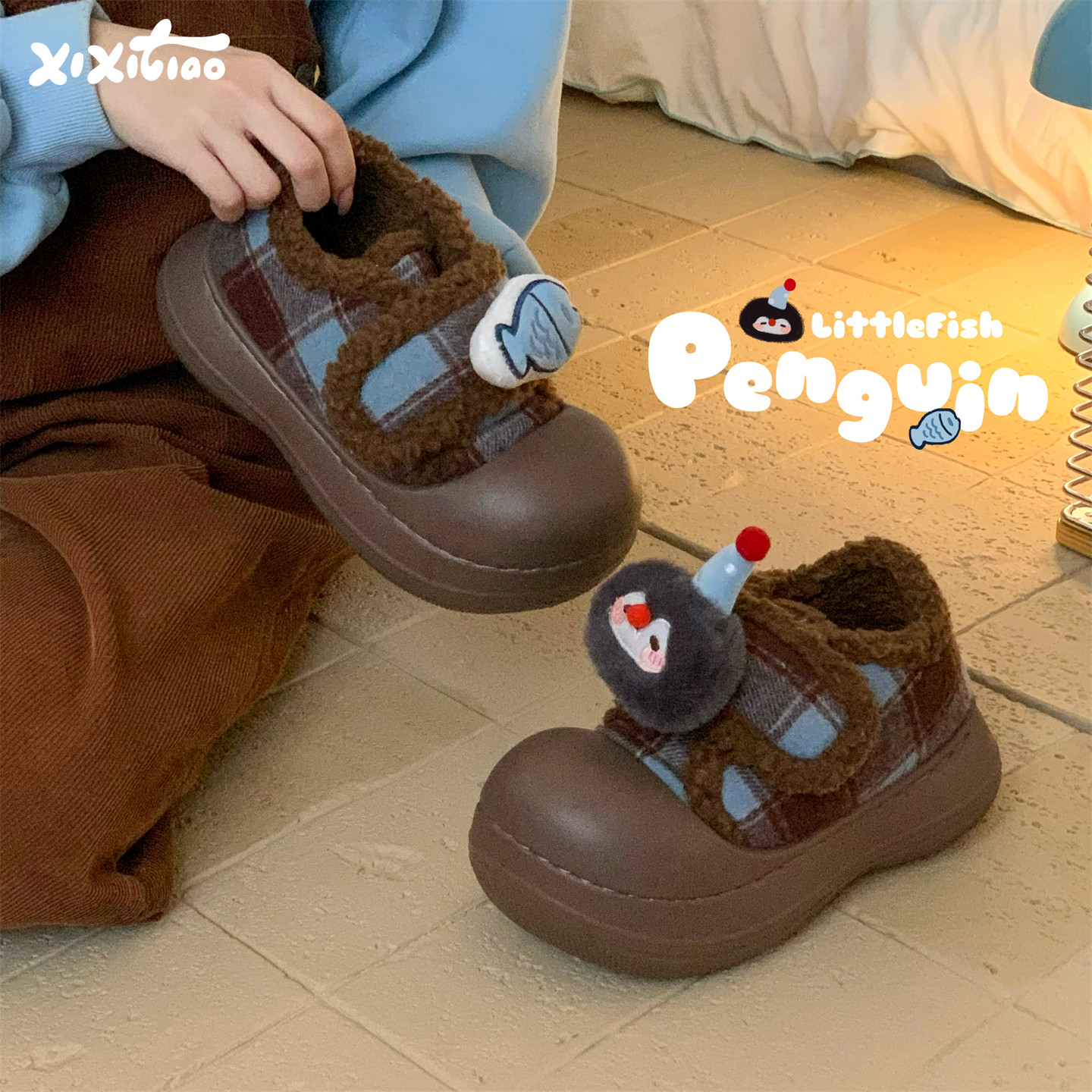 细细条企鹅小鱼魔术贴面包鞋女