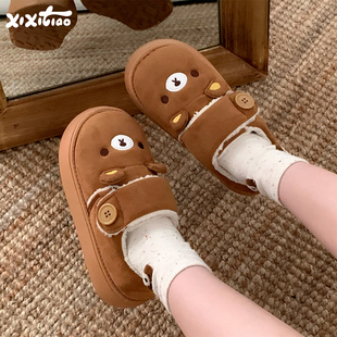 女软萌可爱小熊创意魔术贴面包鞋 外穿加绒保暖棉鞋 ins 冬款 细细条