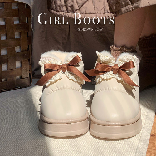 细细条拼色少女心蝴蝶结雪地靴