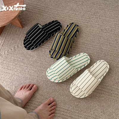 细细条日式条纹情侣棉麻拖鞋