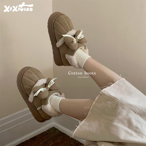 细细条复古蝴蝶结时尚拼色棉鞋