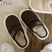 细细条 男女家用保暖加绒秋冬情侣厚底月子鞋 ins潮时尚 褶皱棉拖鞋