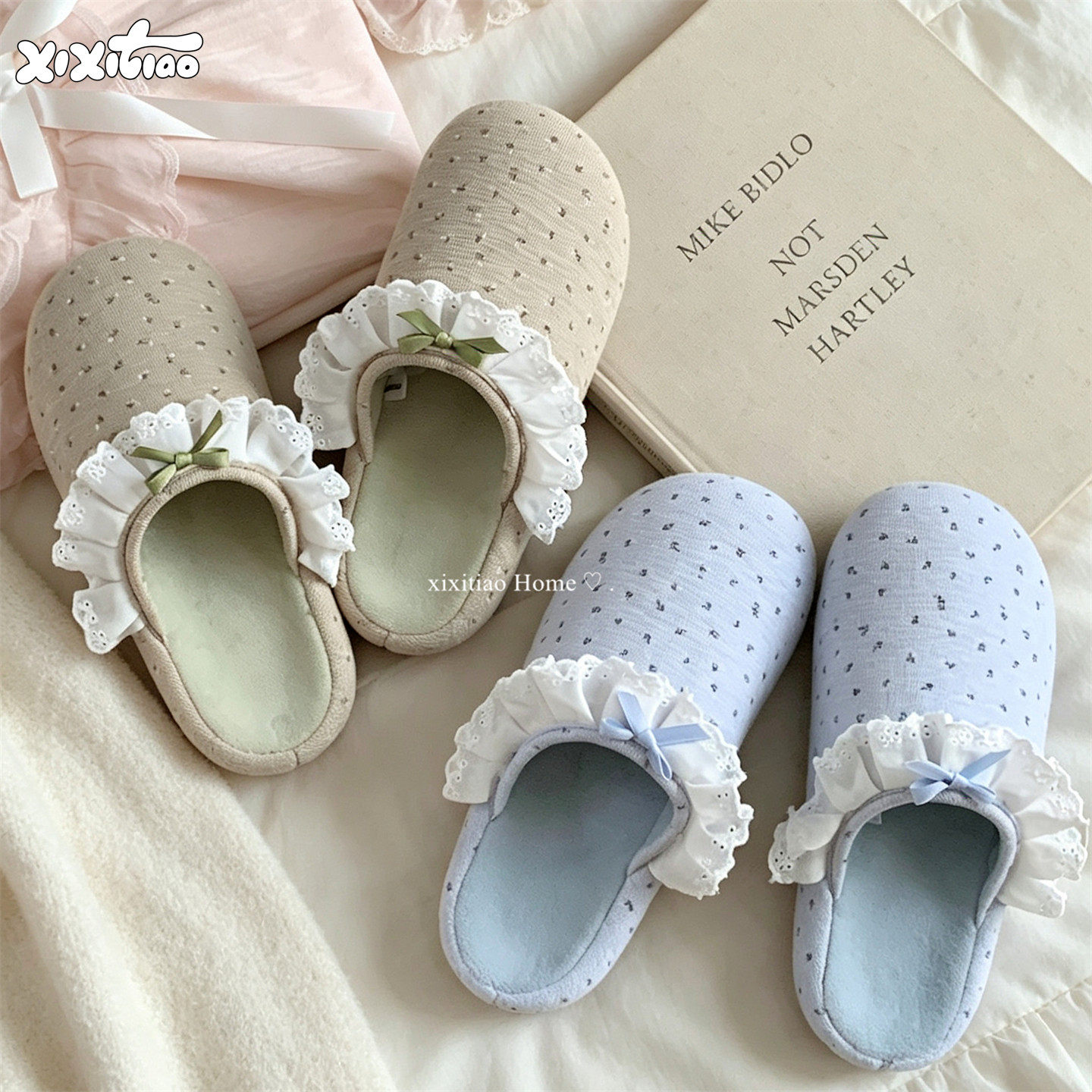 细细条 少女心甜美碎花边足弓支撑月子鞋女四季款卧室防滑棉拖鞋