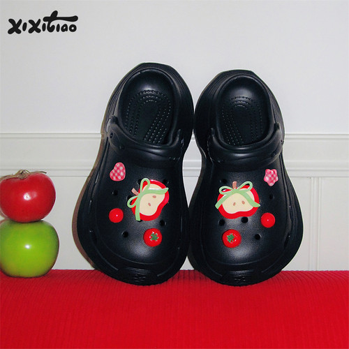 细细条可爱ins苹果番茄洞洞鞋女