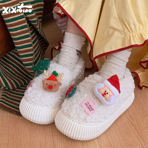 细细条圣诞氛围感羊羔毛棉鞋