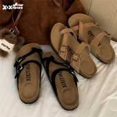 女夏磨砂牛皮勃肯鞋 细细条 足弓外穿防滑方扣交叉带夹趾软木拖鞋