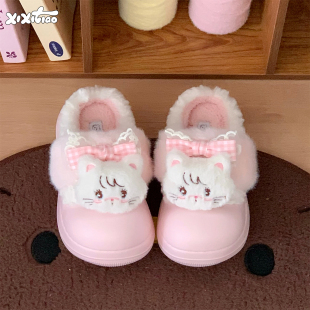 细细条 亲子mikko联名软萌小猫棉拖鞋女冬居家防滑儿童外穿毛毛鞋