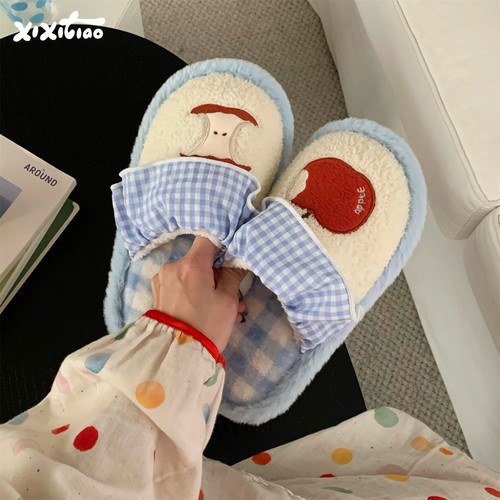 细细条可爱ins风红苹果棉拖鞋