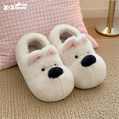 男女保暖包跟防滑情侣家用毛毛鞋 细细条 趣味西高地小狗棉拖鞋 冬