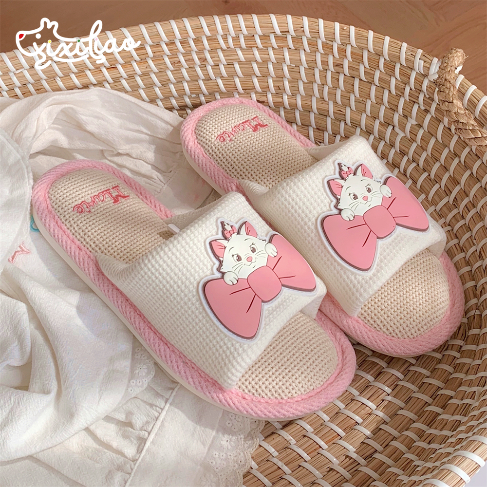 细细条少女心可爱玛丽猫亚麻拖鞋