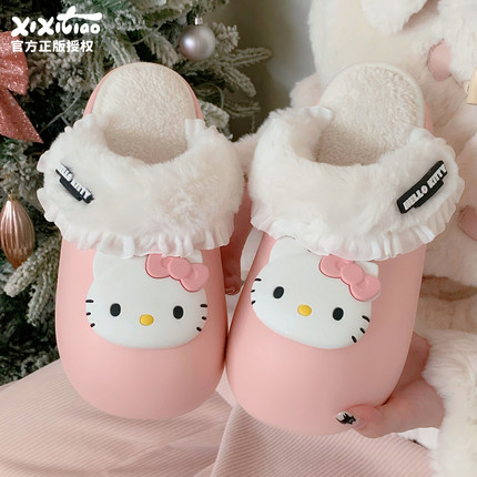细细条 蝴蝶结HelloKitty防水棉拖鞋女冬可爱少女心室内外月子鞋