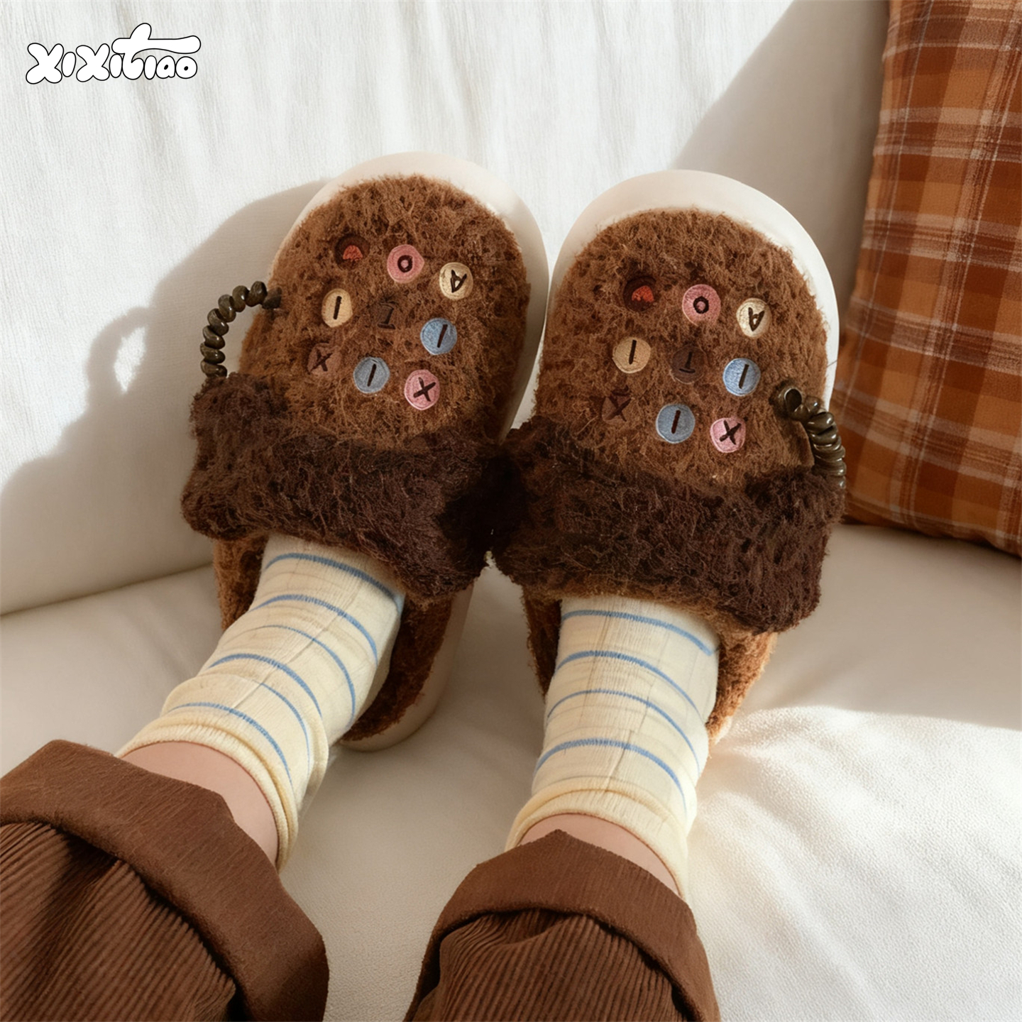 细细条趣味电话防滑可爱毛毛鞋