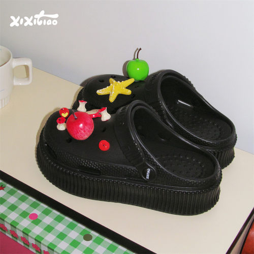 细细条仿真diy红绿苹果洞洞鞋女