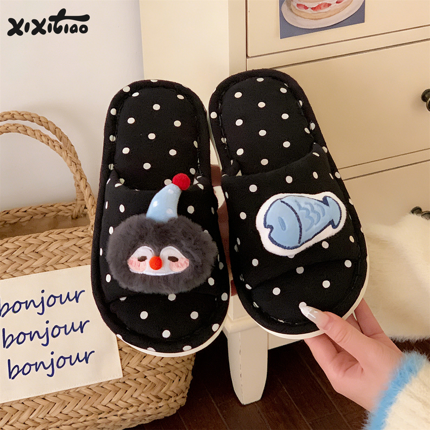 细细条 可爱企鹅小鱼棉布拖鞋女波点软底四季居家防滑一字地板鞋