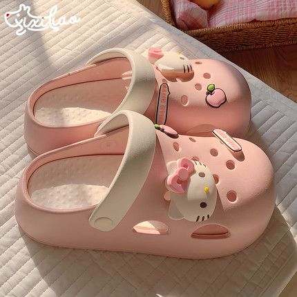 细细条 三丽鸥HelloKitty网红洞洞鞋夏季少女可爱厚底包头凉拖鞋